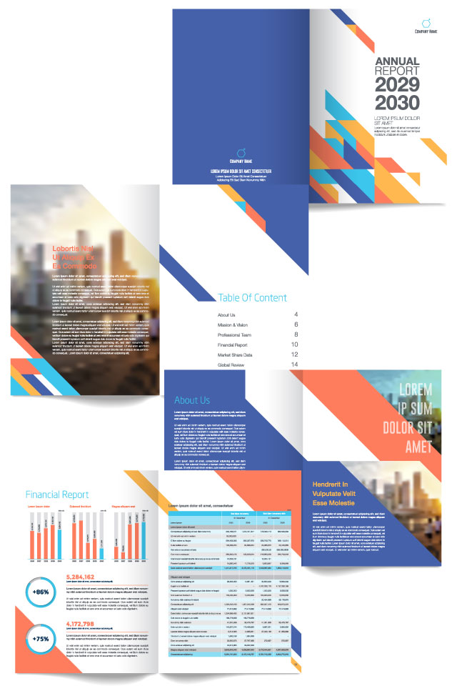 Premium glossy annual report with financial charts and professional branding